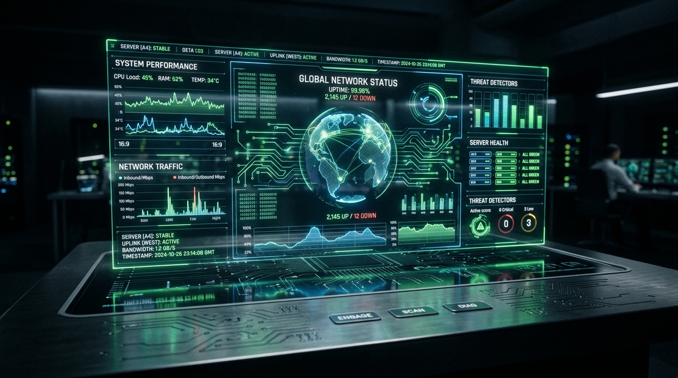 Panel de monitoreo holográfico mostrando datos de red en tiempo real